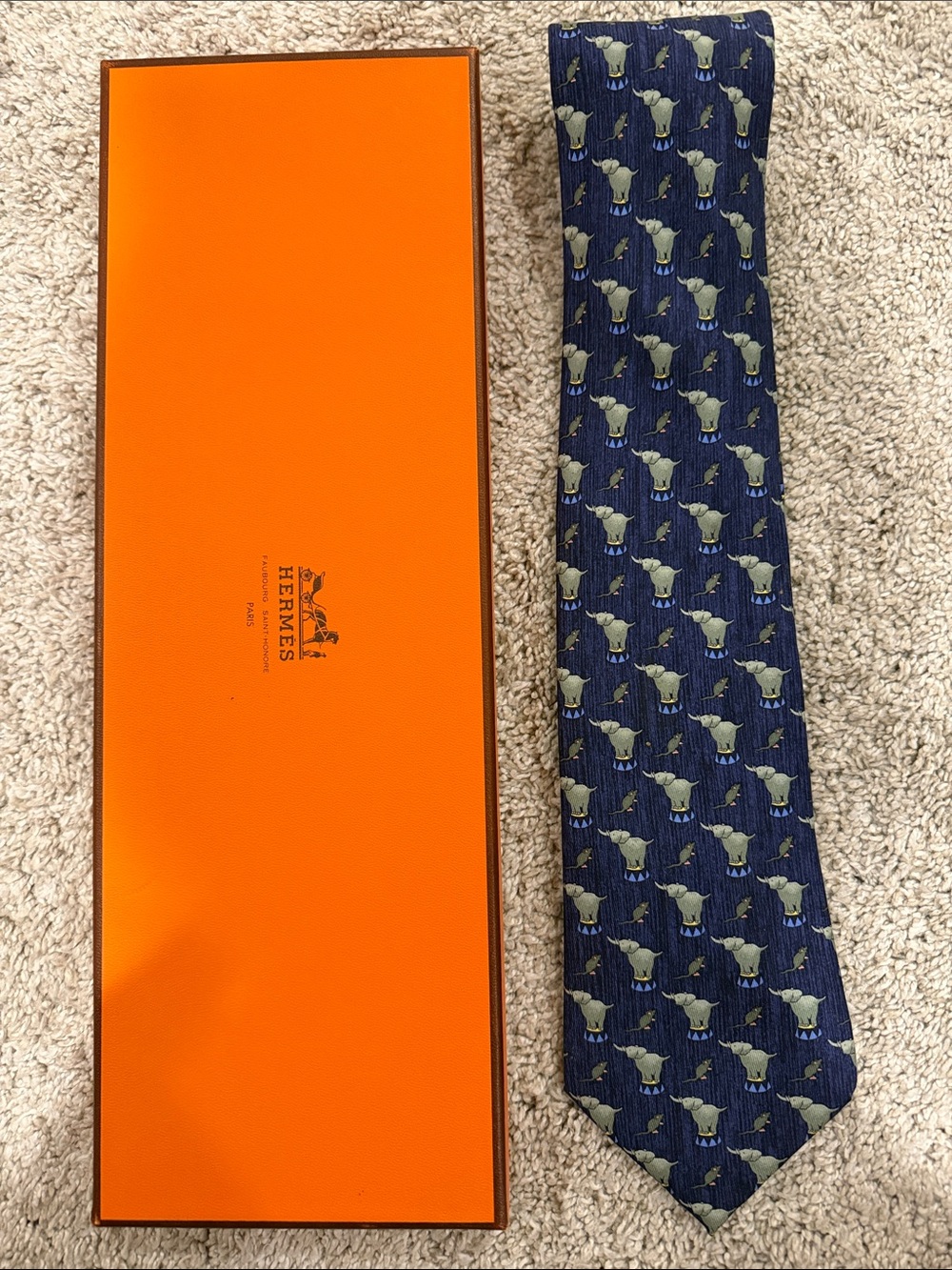 Vintage Hermes Navy Blue “Circus Elephant & Mouse” Silk Tie